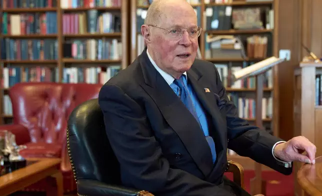 Retired Supreme Court Justice Anthony Kennedy, 88, sits down for an interview with The Associated Press, Wednesday, Oct. 8, 2025, in his office at the Supreme Court in Washington. (AP Photo/Jacquelyn Martin)