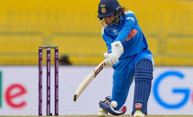 India's Harleen Deol plays a shot during the ICC Women's Cricket World Cup match between India and Pakistan at Premadasa Stadium in Colombo, Sri Lanka, Sunday, Oct, 5, 2025. (AP Photo/Eranga Jayawardena)