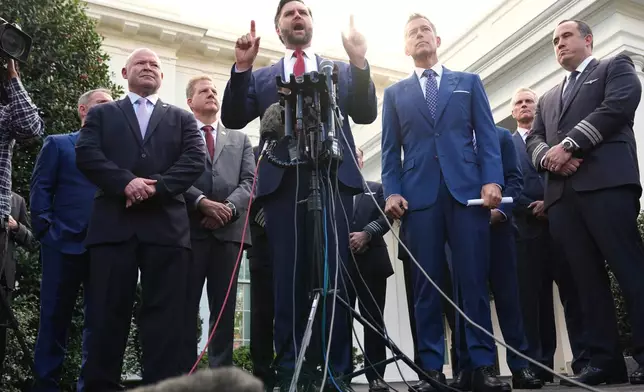 Vice President JD Vance speaks to the media alongside Sean O'Brien, President of the International Brotherhood of Teamsters, from left, Chris Sununu, president &amp; CEO of Airlines for America, and Transportation Secretary Sean Duffy, and aviation industry representatives, about the impact of the government shutdown on the aviation industry, outside of the West Wing of the White House, Thursday, Oct. 30, 2025, in Washington. (AP Photo/Jacquelyn Martin)