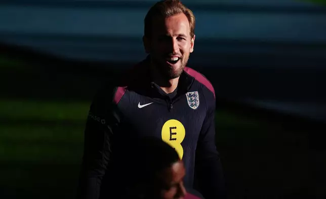 England's Harry Kane attends a training session at St George's Park, Burton upon Trent, England, Monday Oct. 6, 2025. (Martin Rickett/PA via AP)