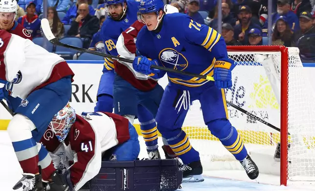 Colorado Avalanche goaltender Scott Wedgewood (41) covers the puck in front of Buffalo Sabres center Tage Thompson (72) during the first period of an NHL hockey game Monday, Oct. 13, 2025, in Buffalo, N.Y. (AP Photo/Jeffrey T. Barnes)
