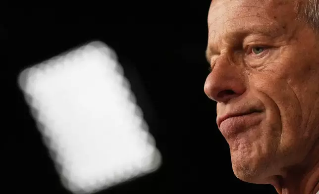Senate Majority Leader John Thune, R-S.D., speaks to reporters Tuesday, Sept. 30, 2025, at the U.S. Capitol in Washington, as the U.S. government is on the brink of the first federal government shutdown in almost seven years.. (AP Photo/Jacquelyn Martin)