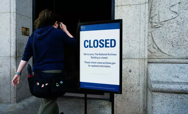 A closed sign stands in front of the National Archives on the first day of a government shutdown, Wednesday, Oct. 1, 2025, in Washington. (AP Photo/Julia Demaree Nikhinson)
