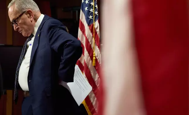 Senate Minority Leader Chuck Schumer, D-N.Y., attends a news conference about the government shutdown, Tuesday, Sept. 30, 2025, on Capitol Hill, in Washington. (AP Photo/Jacquelyn Martin)