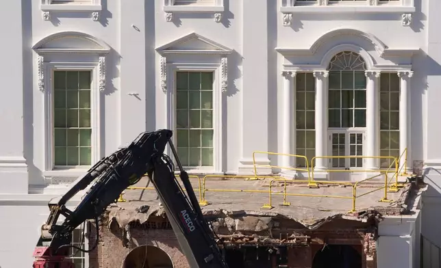 Work continues on the demolition of a part of the East Wing of the White House, Thursday, Oct. 23, 2025, in Washington, before construction of a new ballroom. (AP Photo/Jacquelyn Martin)
