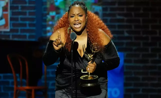 Chef Kardea Brown accepts the award for Outstanding Culinary Host for her show, "Delicious Miss Brown," during the 52nd Annual Daytime Emmy Awards on Friday, Oct. 17, 2025, at Pasadena Civic Auditorium in Pasadena, Calif. (AP Photo/Chris Pizzello)