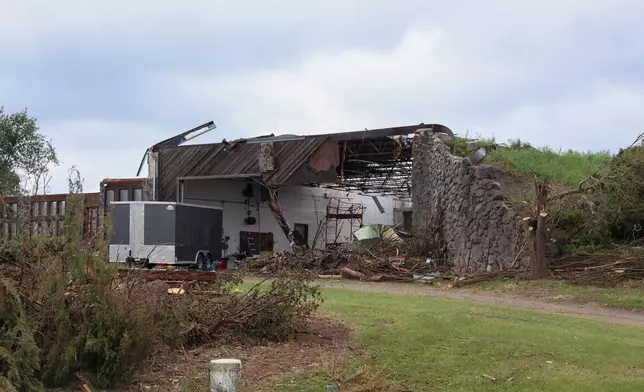 A building sits damaged in Enderlin, N.D. on June 25, 2025, from the high winds of the EF5 tornado on June 20. (North Dakota Governor's Office via AP)