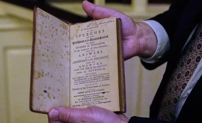 George Washington's personal copy of the 1796 book "Collection of the Speeches of the President of the United States" is shown at the Boston Athenaeum, Thursday, Oct. 9, 2025, in Boston. (AP Photo/Charles Krupa)