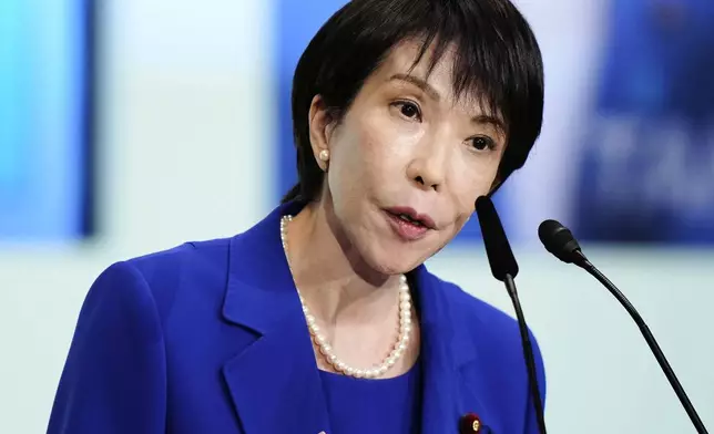Former Economic Security Minister Sanae Takaichi speaks during the Liberal Democratic Party's (LDP) leadership election in Tokyo, Japan, Saturday, Oct. 4, 2025. (Kyodo News via AP)