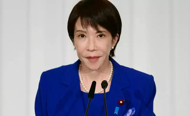 Sanae Takaichi, the newly-elected leader of Japan's ruling party, the Liberal Democratic Party (LDP), attends a press conference after the LDP presidential election in Tokyo Saturday, Oct. 4, 2025. (Yuichi Yamazaki/Pool Photo via AP)