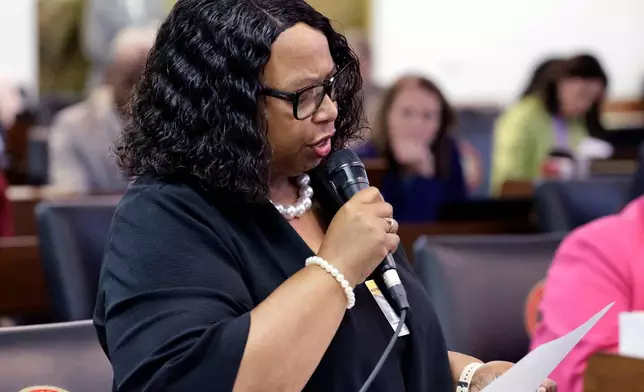 Rep. Gloristine Brown, D-Pitt, speaks on a redistricting bill at the Legislative Building, Wednesday, Oct. 22, 2025, in Raleigh, N.C. (AP Photo/Chris Seward)