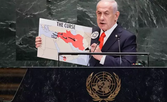 Israel Prime Minister Benjamin Netanyahu addresses the 80th session of the United Nations General Assembly, Friday, Sept. 26, 2025. (AP Photo/Richard Drew)