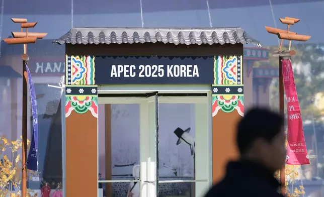 The logo of the Asia-Pacific Economic Cooperation summit (APEC) is seen outside of the venue for the APEC CEO Summit in Gyeongju, South Korea, Tuesday, Oct. 28, 2025. (AP Photo/Lee Jin-man)