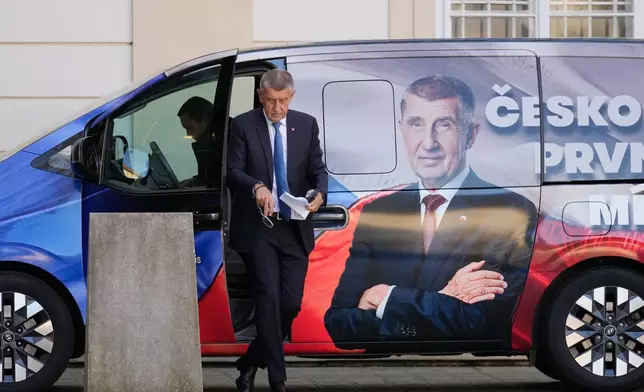 Chairman of opposition "ANO" (YES) movement Andrej Babis arrives to presidential office, a day after he got majority of votes at the parliamentary elections, in Prague, Czech Republic, Sunday, Oct. 5, 2025. (AP Photo/Darko Bandic)