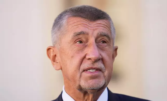 Chairman of opposition "ANO" (YES) movement Andrej Babis speaks to the media after talking with Czech Republic President Petr Pavel a day after he won the parliamentary elections, in Prague, Czech Republic, Sunday, Oct. 5, 2025. (AP Photo/Darko Bandic)