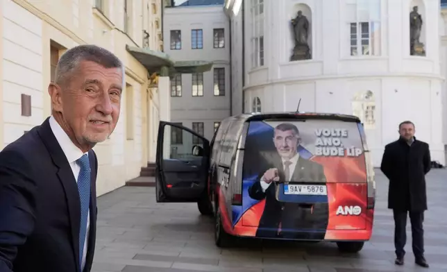 Chairman of opposition "ANO" (YES) movement Andrej Babis leaves after talking with Czech Republic President Petr Pavel a day after he won the parliamentary elections, in Prague, Czech Republic, Sunday, Oct. 5, 2025. (AP Photo/Darko Bandic)