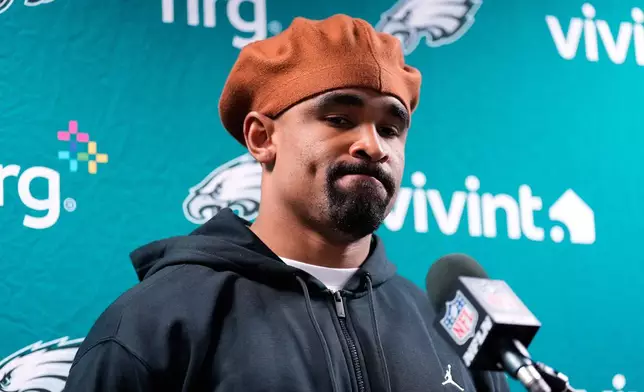 Philadelphia Eagles' Jalen Hurts speaks during a news conference after an NFL football game against the New York Giants Friday, Oct. 10, 2025, in East Rutherford, N.J. (AP Photo/Seth Wenig)