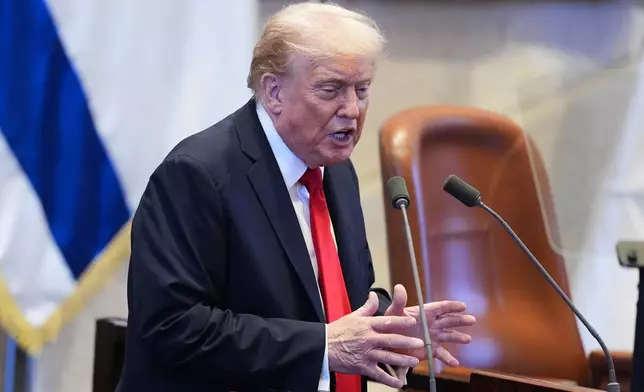 President Donald Trump speaks to the Knesset, Israel's parliament, Monday, Oct. 13, 2025, in Jerusalem. (AP Photo/Evan Vucci, Pool)