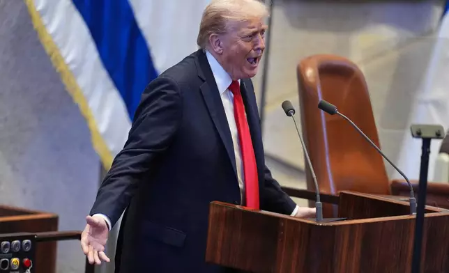President Donald Trump speaks to the Knesset, Israel's parliament, Monday, Oct. 13, 2025, in Jerusalem. (AP Photo/Evan Vucci, Pool)