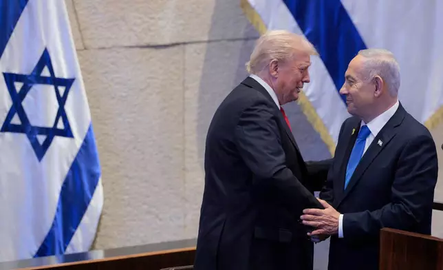 President Donald Trump Israeli and Prime Minister Benjamin Netanyahu speak after Netanyahu addressed the Knesset, Israel's parliament, Monday, Oct. 13, 2025, in Jerusalem. (Chip Somodevilla/Pool via AP)