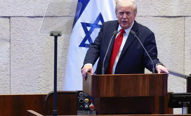President Donald Trump addresses the Knesset, Israel's parliament, Monday, Oct. 13, 2025, in Jerusalem. (Evelyn Hockstein/Pool via AP)