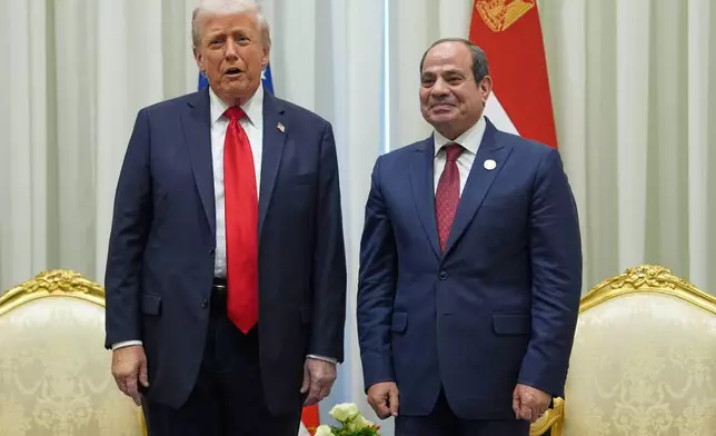 President Donald Trump meets with Egypt's President Abdel-Fattah el-Sissi during a summit to support ending the more than two-year Israel-Hamas war in Gaza after a breakthrough ceasefire deal, Monday, Oct. 13, 2025, in Sharm El Sheikh, Egypt. (AP Photo/Evan Vucci, Pool)