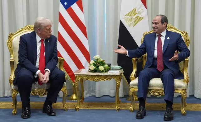 President Donald Trump meets with Egypt's President Abdel-Fattah el-Sissi during a summit to support ending the more than two-year Israel-Hamas war in Gaza after a breakthrough ceasefire deal, Monday, Oct. 13, 2025, in Sharm El Sheikh, Egypt. (AP Photo/Evan Vucci, Pool)