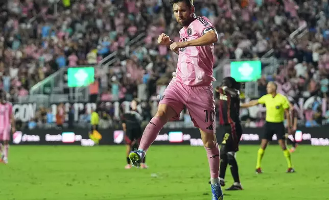 Inter Miami forward Lionel Messi reacts after scoring a goal during the first half of an MLS soccer match against Atlanta United, Saturday, Oct. 11, 2025, in Fort Lauderdale, Fla. (AP Photo/Lynne Sladky)