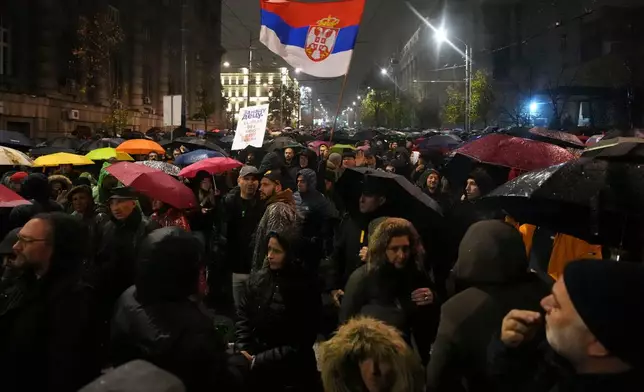 FILE - People march during a protest following collapse of a concrete canopy at the railway station in Novi Sad, in Belgrade, Serbia, Nov. 11, 2024. (AP Photo/Darko Vojinovic, File)