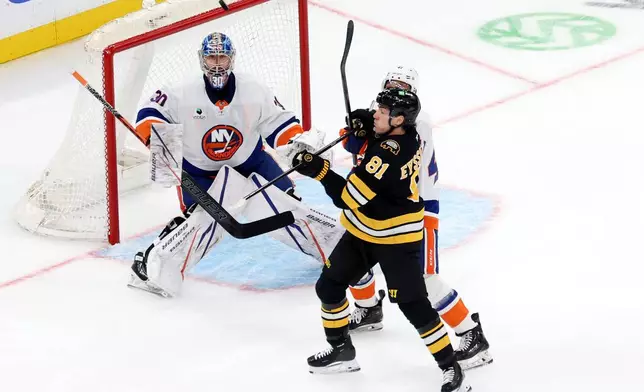 Boston Bruins center Michael Eyssimont (81) attempts to score against New York Islanders goaltender Ilya Sorokin (30) during the second period of an NHL hockey game, Tuesday, Oct. 28, 2025, in Boston. (AP Photo/Mark Stockwell)