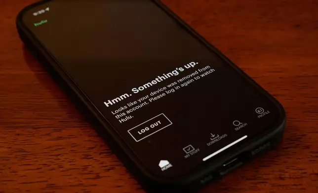 A Hulu mobile app shows it is not available during the Amazon Web Services outage, Monday, Oct. 20, 2025, in Chicago. (AP Photo/Kiichiro Sato)