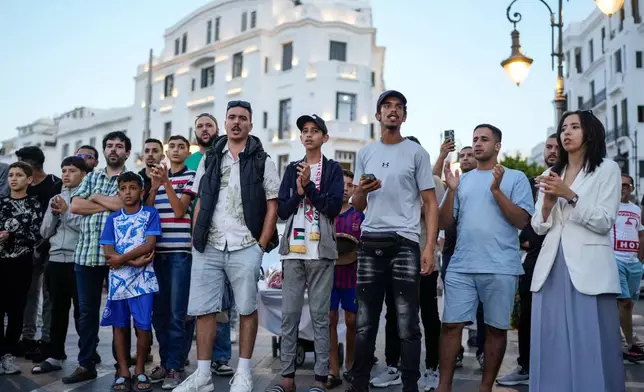 People take part in a youth led protest calling for education and healthcare reforms, in Tangier, Morocco, Saturday, Oct. 18, 2025. (AP Photo/Mosa'ab Elshamy)