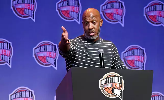 FILE - Basketball Hall of Fame Class of 2024 inductee Chauncey Billups speaks at a hall of fame news conference at Mohegan Sun, Oct. 12, 2024, in Uncasville, Conn. (AP Photo/Jessica Hill, file)