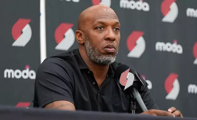Portland Trail Blazers head coach Chauncey Billups listens during a news conference, Friday, June 27, 2025, in Portland, Ore. (AP Photo/Jenny Kane)
