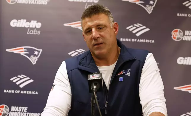 New England Patriots head coach Mike Vrabel speaks to media after a win over the New Orleans Saints in an NFL football game, Sunday, Oct. 12, 2025, in New Orleans. (AP Photo/Butch Dill)
