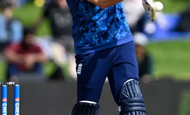 England's Harry Brook bats against New Zealand during their T20 cricket match in Hamilton, New Zealand, Wednesday, Oct. 29, 2025. (Andrew Cornaga/Photosport via AP)