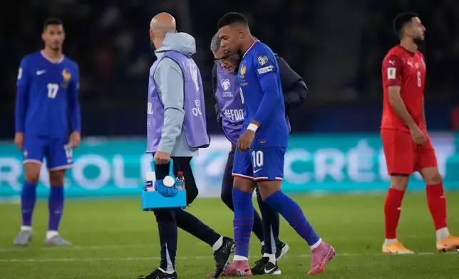 France's Kylian Mbappe is substituted during a World Cup 2026 Group D qualifying soccer match between France and Azerbaijan in Paris, France, on Friday, Oct. 10, 2025. (AP Photo/Michel Euler)