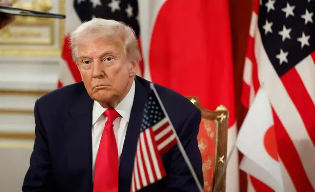 U.S. President Donald Trump attends a signing ceremony with Japan's Prime Minister Sanae Takaichi at Akasaka Palace state guest house in Tokyo Tuesday, Oct. 28, 2025. (Kiyoshi Ota/Pool Photo via AP)