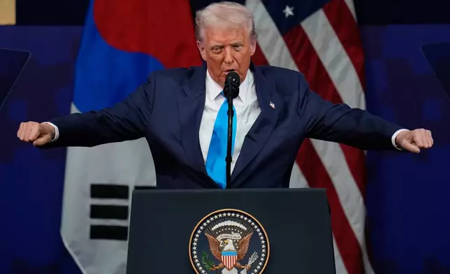 United States President Donald Trump speaks at the Asia-Pacific Economic Cooperation (APEC) CEO summit in Gyeongju, South Korea, Wednesday, Oct. 29, 2025. (AP Photo/Ng Han Guan)