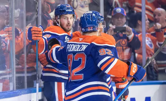 Edmonton Oilers' Noah Philp (48) and Vasily Podkolzin (92) celebrate a goal against the Vancouver Canucks during the second period of an NHL hockey game in Edmonton, Alberta, Saturday, Oct. 11, 2025. (Jason Franson/The Canadian Press via AP)