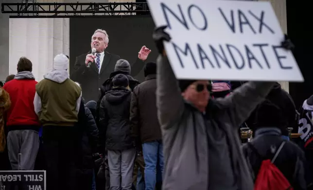 FILE - Robert F. Kennedy Jr. is broadcast on a large screen as he speaks during an anti-vaccine rally in front of the Lincoln Memorial in Washington, Sunday, Jan. 23, 2022. (AP Photo/Patrick Semansky, File)