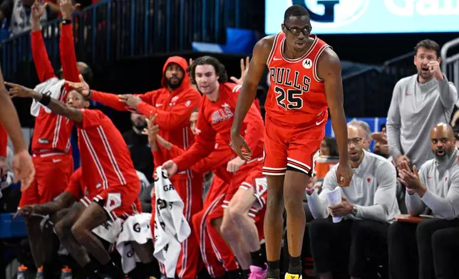 Chicago Bulls forward Jalen Smith (25) reacts after making a 3-pointer during the second half of an NBA basketball game against the Orlando Magic, Saturday, Oct. 25, 2025, in Orlando, Fla. (AP Photo/Phelan M. Ebenhack)