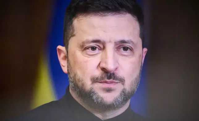 Ukrainian President Volodymyr Zelenskyy talks during his press conference in Kyiv, Ukraine, Friday, Oct. 10, 2025. (AP Photo/Efrem Lukatsky)