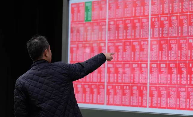 A person loots at an electronic stock board showing Japan's Nikkei index at a securities firm Monday, Oct. 27, 2025, in Tokyo. (AP Photo/Eugene Hoshiko)