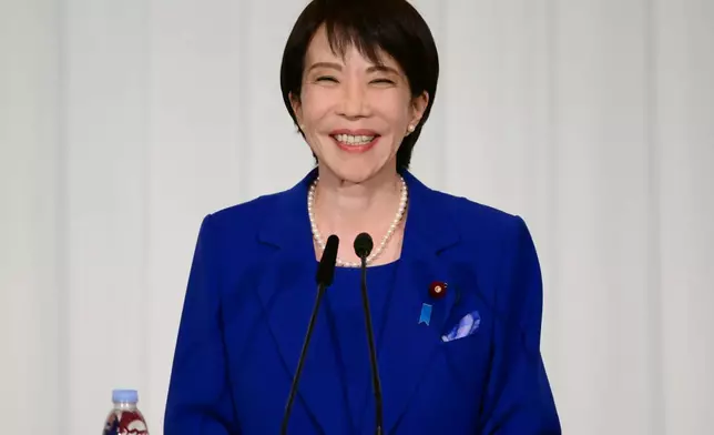 Sanae Takaichi, the newly-elected leader of Japan's ruling party, the Liberal Democratic Party (LDP), attends a press conference after the LDP presidential election in Tokyo Saturday, Oct. 4, 2025. (Yuichi Yamazaki/Pool Photo via AP)