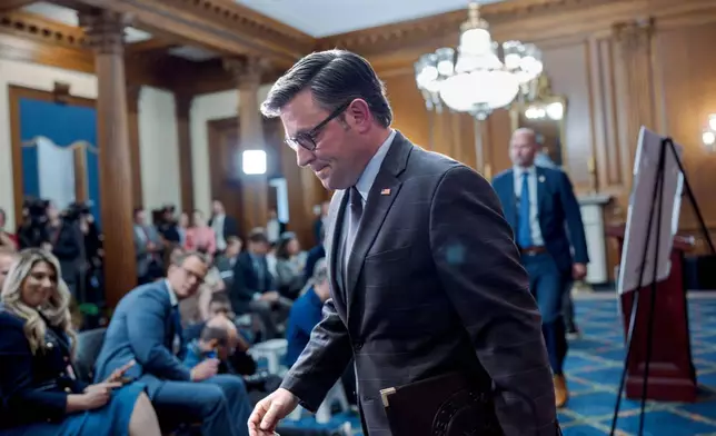 Speaker of the House Mike Johnson, R-La., leaves after holding a news conference on the 6th day of the government shutdown, at the Capitol in Washington, Monday, Oct. 6, 2025. Johnson is keeping the House out of session for the second week in a row during the shutdown. (AP Photo/J. Scott Applewhite)