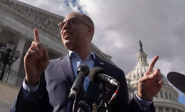 House minority leader Hakeem Jeffries, D-N.Y., speaks to reporters on the Capitol Hill, Thursday, Oct. 2, 2025, in Washington. (AP Photo/Manuel Balce Ceneta)