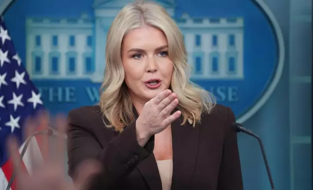 White House press secretary Karoline Leavitt speaks at a press briefing in the James Brady Press Briefing room at the White House, Monday, Oct. 6, 2025, in Washington. (AP Photo/Evan Vucci)