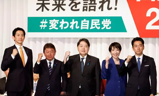 FILE - From left, Japan's former Economic Security Minister Takayuki Kobayashi, former Foreign Minister Toshimitsu Motegi, chief Cabinet Secretary Yoshimasa Hayashi, former Economic Security Minister Sanae Takaichi and Agriculture Minister Shinjiro Koizumi pose after they delivered speeches at the kick-off of the campaign for the Liberal Democratic Party's presidential election in Tokyo, on Sept. 22, 2025. (Franck Robichon/Pool Photo via AP, File)
