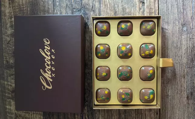Pieces of Dubai chocolate by Chocolove are displayed in New York. (Katie Workman via AP)